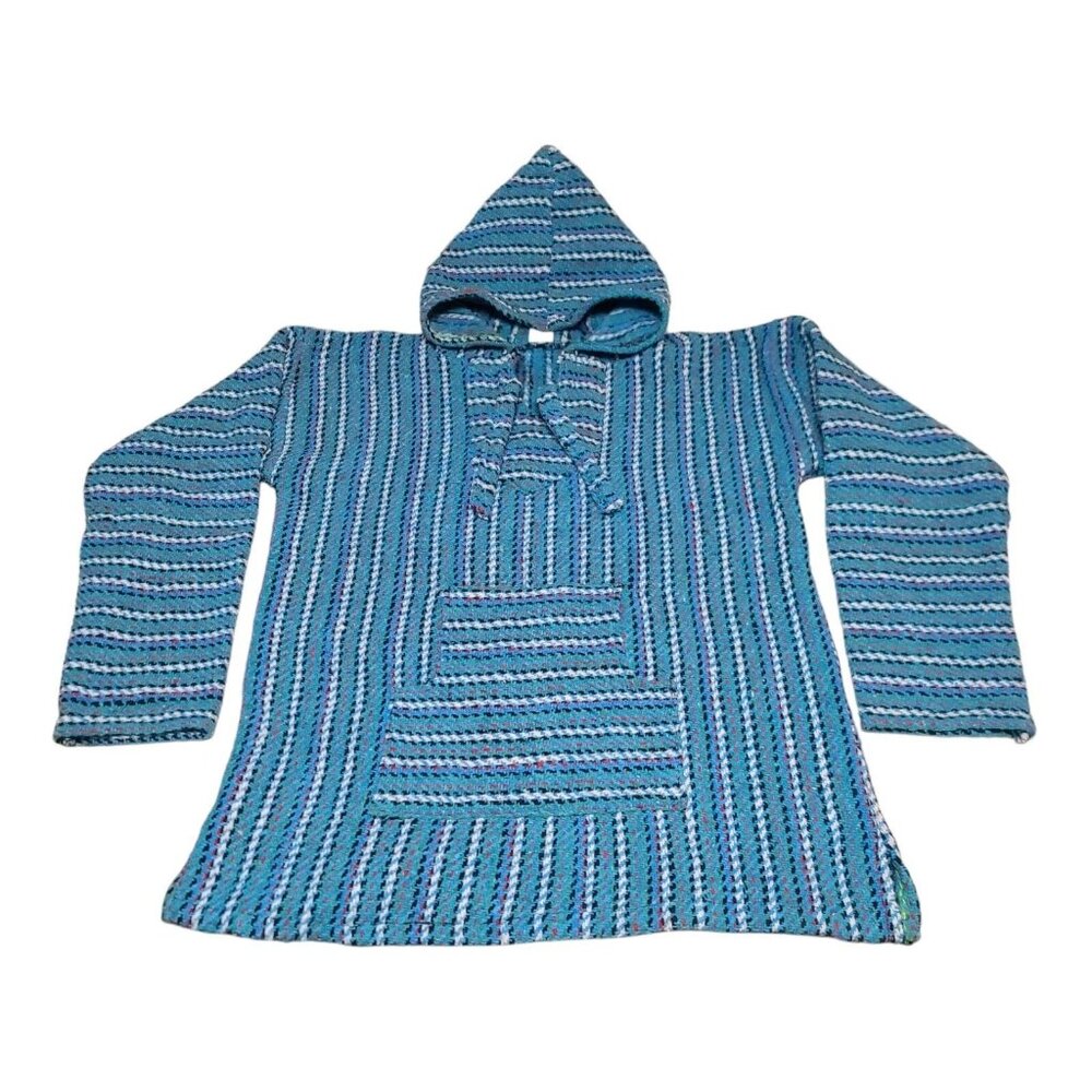 El Paso Saddle Blanket Sz M Mexican Baja Hippie Hoodie Poncho Pullover Blue
